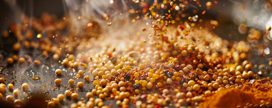 A close-up of spices being toasted in a pan. The rich colors and textures of the spices, such as cumin seeds and mustard seeds, create an enticing and aromatic cooking scene.