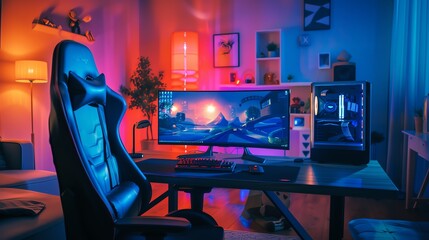 A gaming setup with a curved monitor, a gaming chair, and a custom PC.