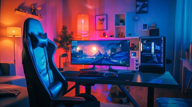 A gaming setup with a curved monitor, a gaming chair, and a custom PC.