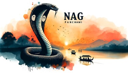 Watercolor illustration for Nag Panchami with the scene  of a serene river landscape at sunset.