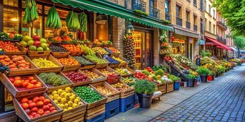 Obraz premium Vibrant city street scene featuring a modern grocery storefront with colorful product displays and neatly arranged fruits and vegetables spilling onto the sidewalk.
