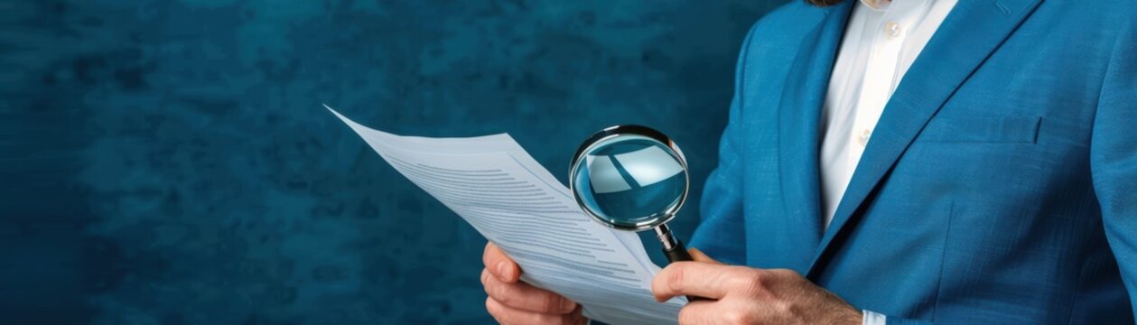 Close-up of a person in a blue suit holding a magnifying glass and examining documents against a blue background.