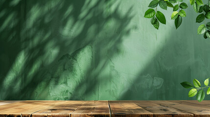 Wooden table set against a green wall background with sunlight