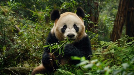 Fototapeta premium Panda Bear Munching on Bamboo in a Lush Forest Habitat