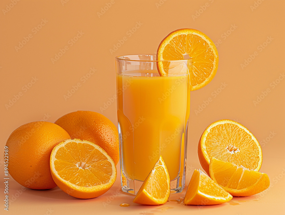 Canvas Prints Glass of Orange Juice With Fresh Oranges and Slices on an Orange Background