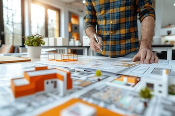 Fototapeta premium Closeup of an interior designer analyzing space utilization, contemporary office, interior designer space planning, efficiency and design