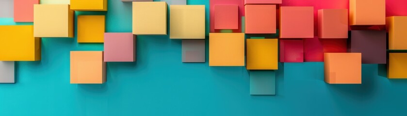 Fototapeta premium Colorful 3D cubes on a turquoise and red background, creating a vibrant and modern abstract geometric design perfect for creative projects.