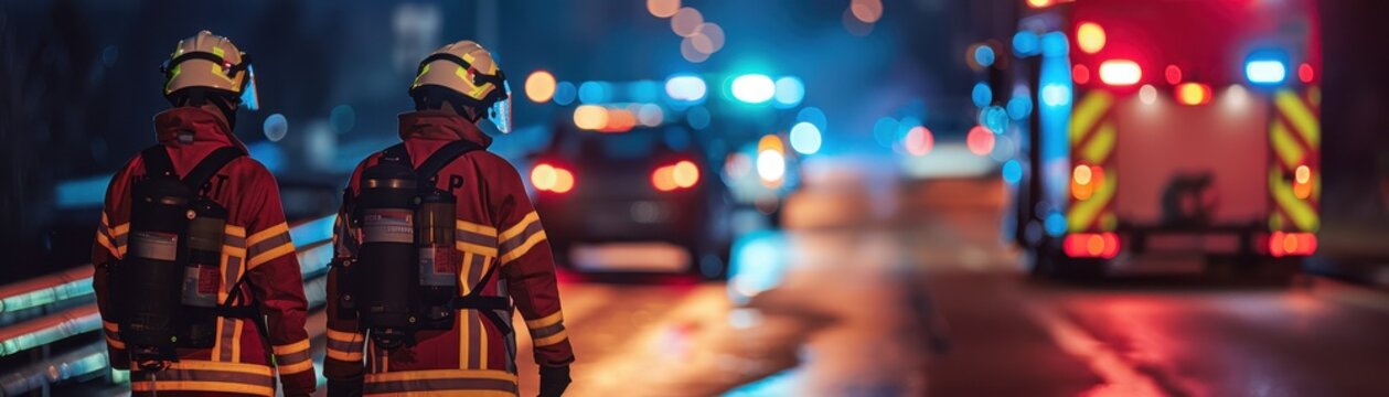 Firefighters at night scene. Emergency response with fire truck and police car lights. Focus on first responders in action during a crisis.