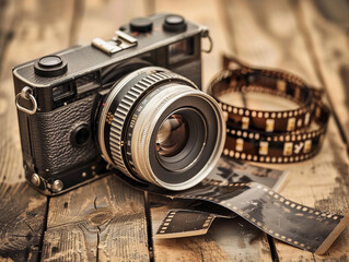 Vintage Film Camera and Film Roll on Wooden Tabletop