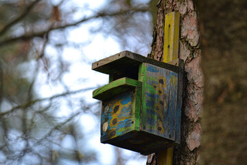 A close-up photo of a colorful birdhouse on a tree