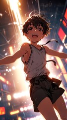 Joyful Young Boy Running with Excitement Amidst Brightly Lit City Streets at Night, Surrounded by Vibrant Neon Lights