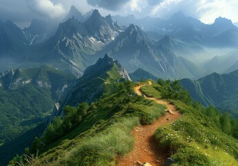 Naklejka premium A picturesque mountain trail winding through the French Alps with dramatic vistas