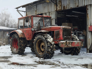 Red Tractor Parked Outside a Rural Workshop in Winter