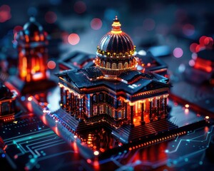 Cybersecurity command center visualized as a Baroque cathedral, technology safeguarded with ancient architectural grace