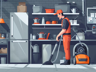 A Man in Red Cleaning a Kitchen Floor With a Vacuum Cleaner