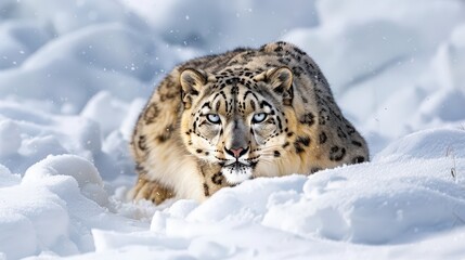 Fototapeta premium Snow Leopard in Winter: Majestic Big Cat Walking Through Snow-Covered Forest