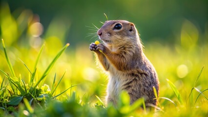 Adorable European ground squirrel or souslik, Spermophilus citellus, standing upright on hind legs, eating nut in sun-drenched green meadow habitat.