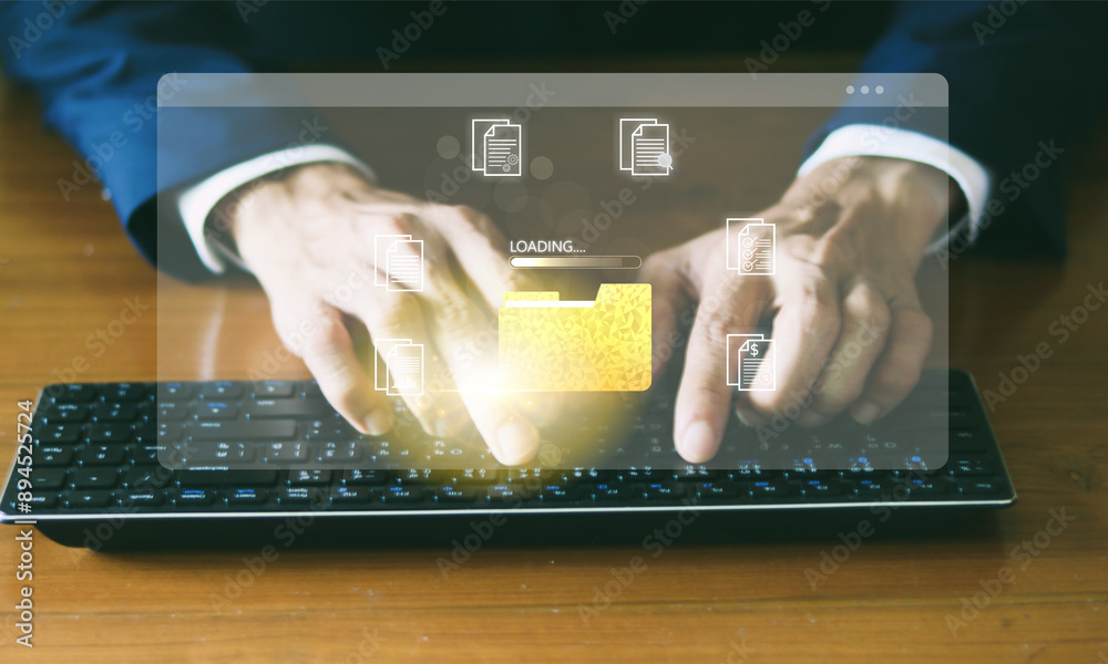 Poster document management system concept. document management information system icon on the hand. organiz