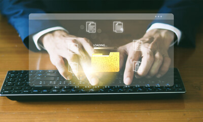 Document management system concept. Document management information system icon on the hand. organize, and manage digital documents. Centralized repository for storage, and distribution. © Chor muang