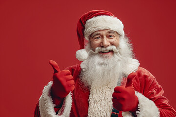 Naklejka premium Happy Santa Claus in sunglasses show thump up or like on red background. Christmas and New Year sale concept. Flyer for winter sale, promotions, discount card. Banner, poster with copy space AI