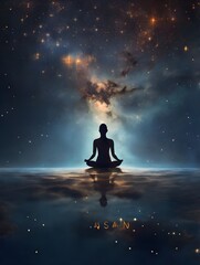 Silhouette of a Person Meditating in a Calm, Tranquil Setting Under a Luminous Starry Night Sky, Evoking Peace, Mindfulness, and Cosmic Energy