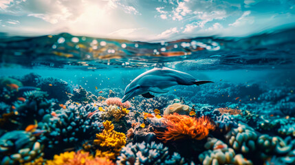 Naklejka premium Little dolphin swimming in the sea. Dolphin underwater on reef background looking at you.