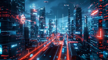 Fototapeta premium Drones Flying Over Futuristic Cityscape at Night