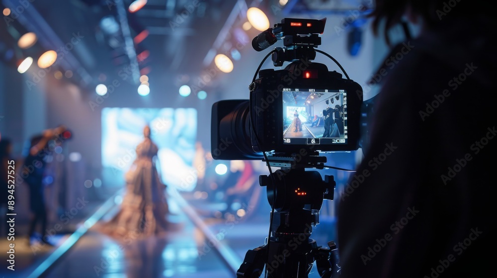 Poster a camera on a tripod captures a fashion show, with a model walking the runway in the background.