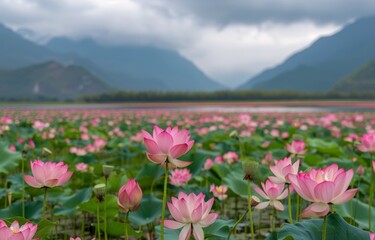 Obraz premium Lotus Flowers in a Mountain Lake at Sunset
