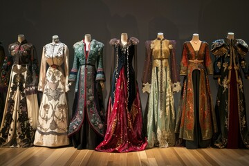 Diverse array of ornate traditional dresses exhibited with artistic lighting