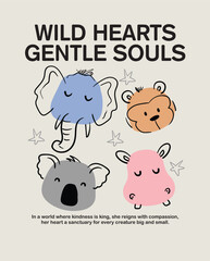 Cute wild woodland safari jungle animals vector illustration including a elephant, monkey, koala, and hippo.