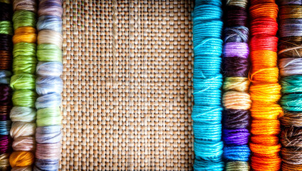 colorful embroidery threads on burlap fabric, vibrant crafting materials with copy space, National Craft Month, Earth Day, Christmas