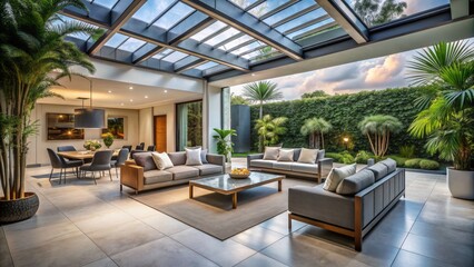 Contemporary Florida outdoor living space features sleek modern furniture, vast skylights, and lush greenery, exuding serenity and upscale sophistication.