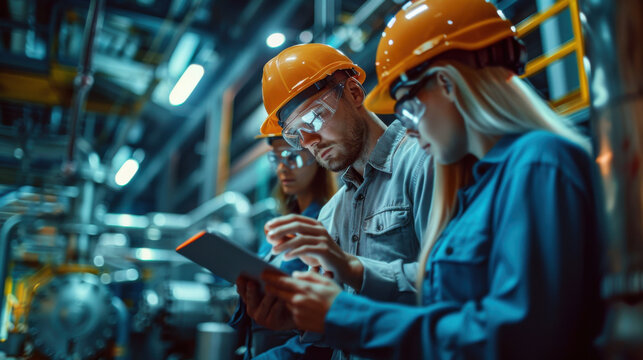 Group of engineers wearing safety gear and inspecting a digital tablet in a modern industrial setting, discussing project plans.
