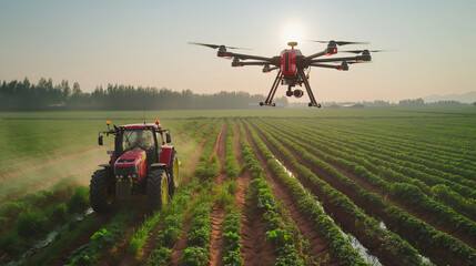 Technology Farmers using drones, smart tractors, and other high-tech equipment to monitor and manage crops in expansive