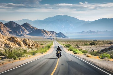 Motorcyclist riding on an open road through desert landscape, freedom and adventure