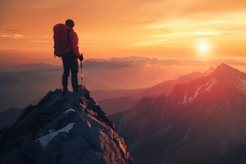 Fototapeta premium Hiker standing on mountain peak looking at sunrise, sense of achievement