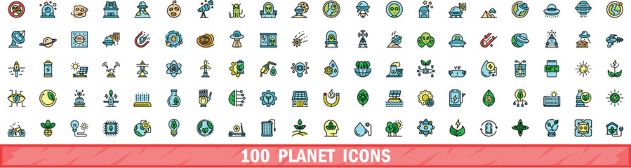 100 planet icons set. Color line set of planet vector icons thin line color flat on white