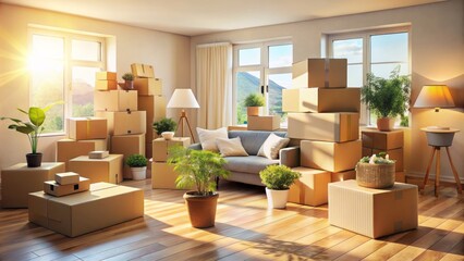 Brightly lit living room cluttered with cardboard boxes and scattered packing paper, symbolizing a new chapter in life unfolding.