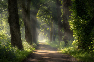 Serene forest pathway with sunlight filtering through the trees.


