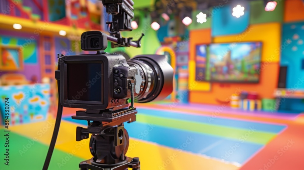 Poster a professional video camera on a tripod is set up in a colorful studio with a large screen in the ba