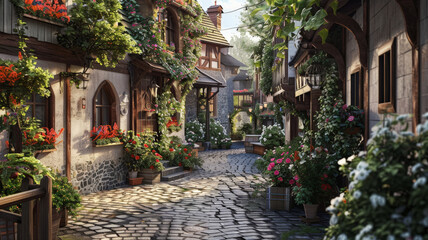 An empty poster frame on a picturesque village street, with cobblestone paths, flower boxes, and charming cottages.