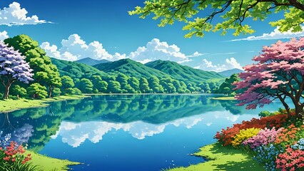 Naklejka premium a serene landscape with a clear blue lake reflecting the sky, surrounded by lush green trees and colorful flowers, manga style 