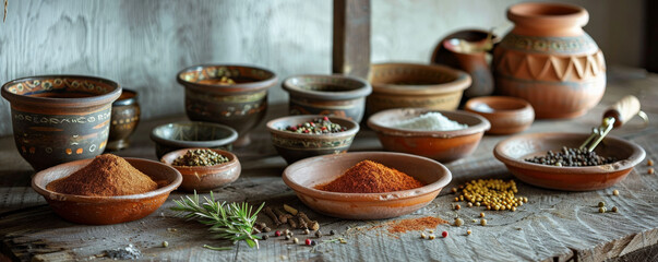 Fototapeta premium A rustic table setting with a variety of spices in clay bowls. The earthy tones and natural textures of the spices and tableware create a warm and inviting culinary scene.