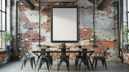 An empty poster frame on a textured brick wall in an industrial-style loft, with exposed pipes, a wooden dining table, and metal chairs.