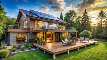 Fototapeta premium Spacious modern eco-friendly suburban home with solar panels, large windows, and wooden deck amidst lush green serene surroundings.