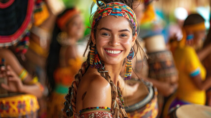 Smiling woman dressed in vibrant traditional attire and accessories, celebrating cultural heritage amidst a festive backdrop.