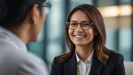 Smiling businesswoman taking interview of a job applicant 