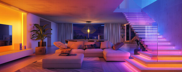 The enchanting ambiance of a modern basement, with LED strips casting a colorful glow on the sleek furniture and minimalist decor, creating a stylish and cozy retreat.