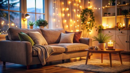 Cozy living room with empty couch, blurry background, and warm lighting, evoking sense of new home happiness and comfort.